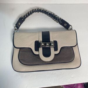 BCBGMAXAZRIA Chain Handle Shoulder Bag Beige & Black Faux Leather Stud Detail
